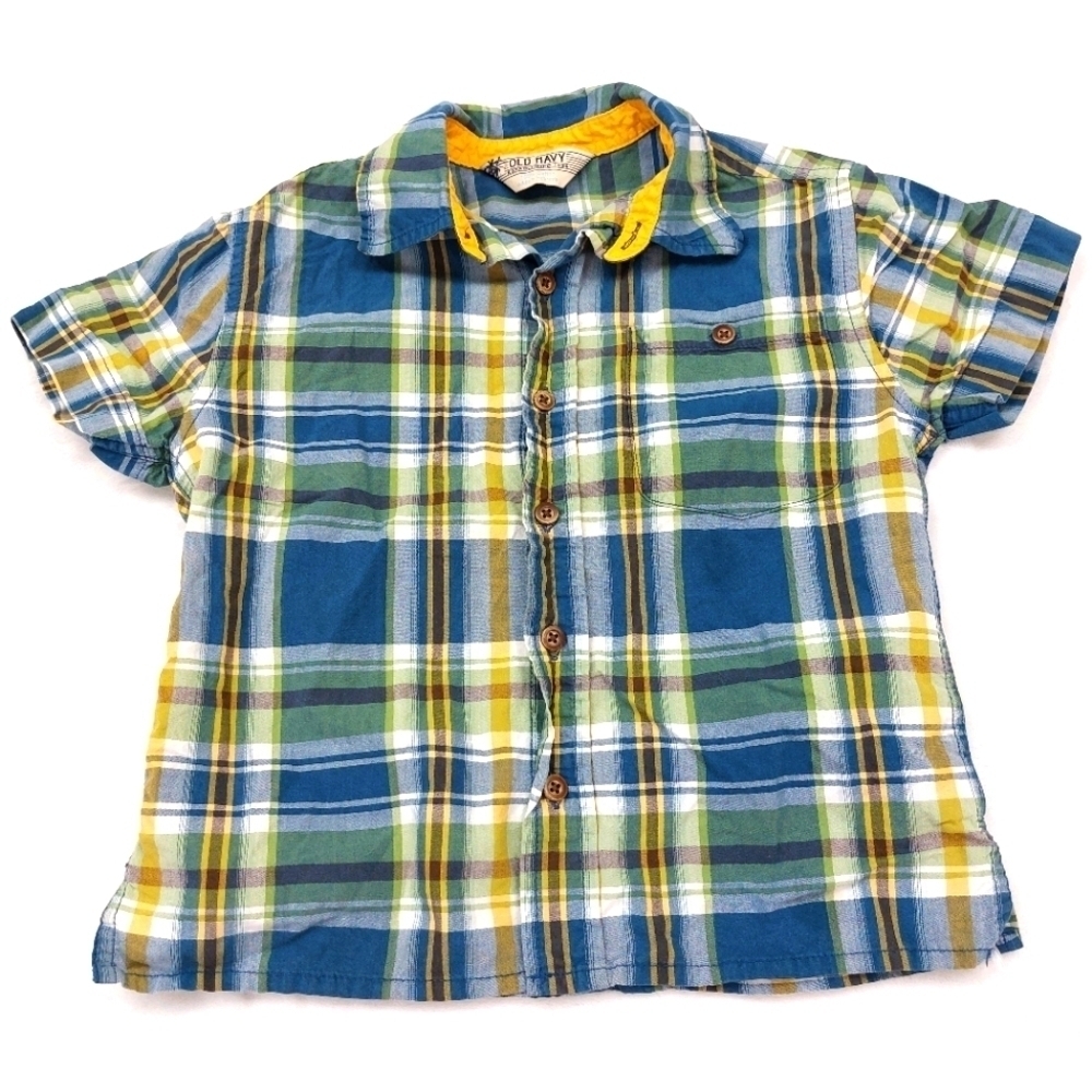 OLD NAVY BOYS VINTAGE BLUE AND GREEN PLAID SHORT SLEEVE BUTTON DOWN SIZE XS